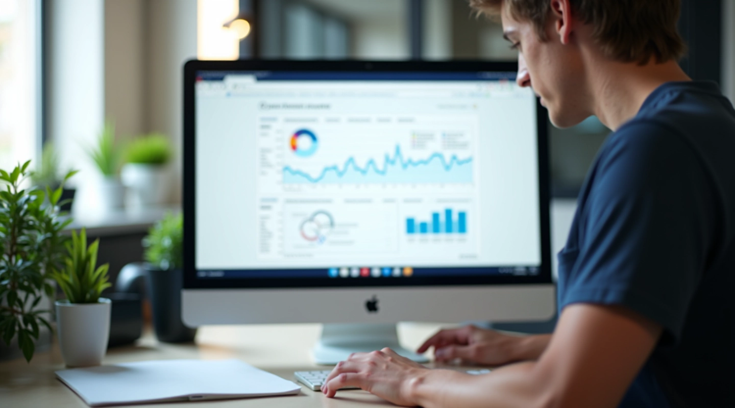 Computer monitor on desk showing website analytics dashboard with charts and metrics