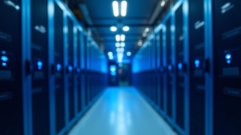 Modern data center server room with blue LED lighting showing rows of equipment