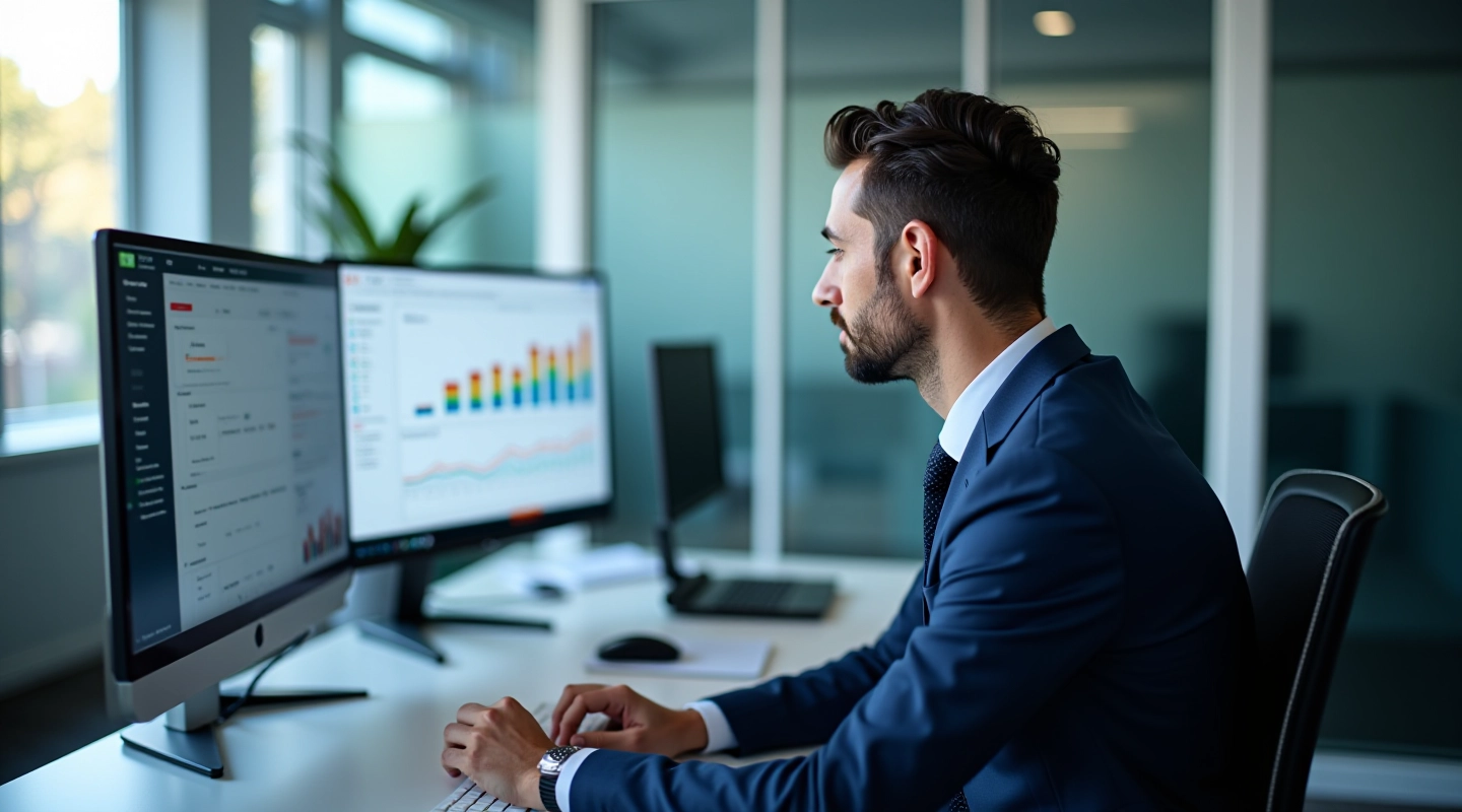 Technical SEO audit specialist reviewing website health data on computer monitors